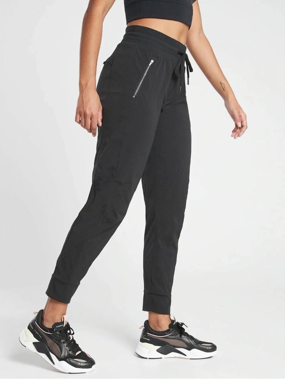 Athleta Trekkie North Jogger pants 12 black zippers elastic waist gorpcore